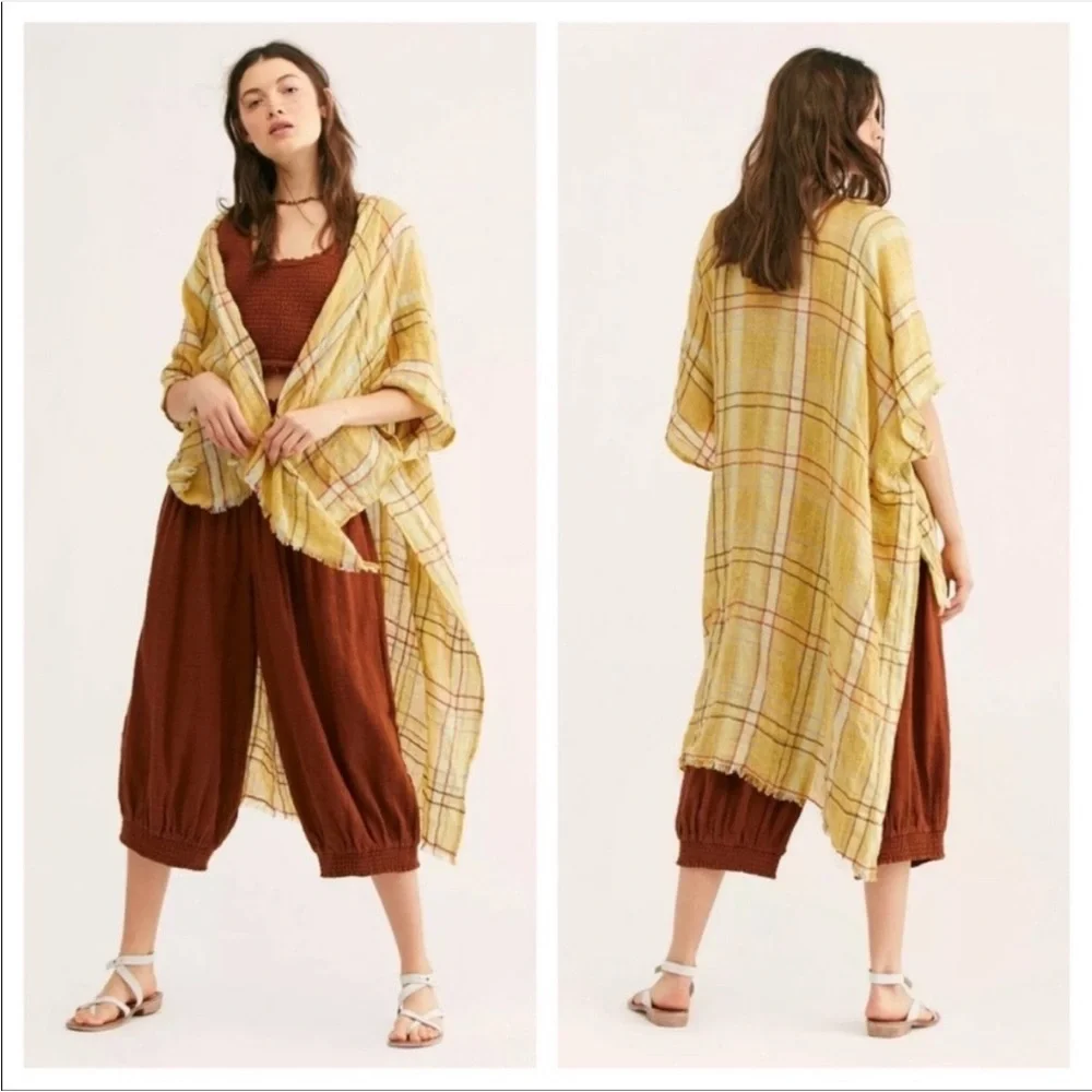 NWT~Free People Yellow Plaid Caftan - Picture 4 of 7